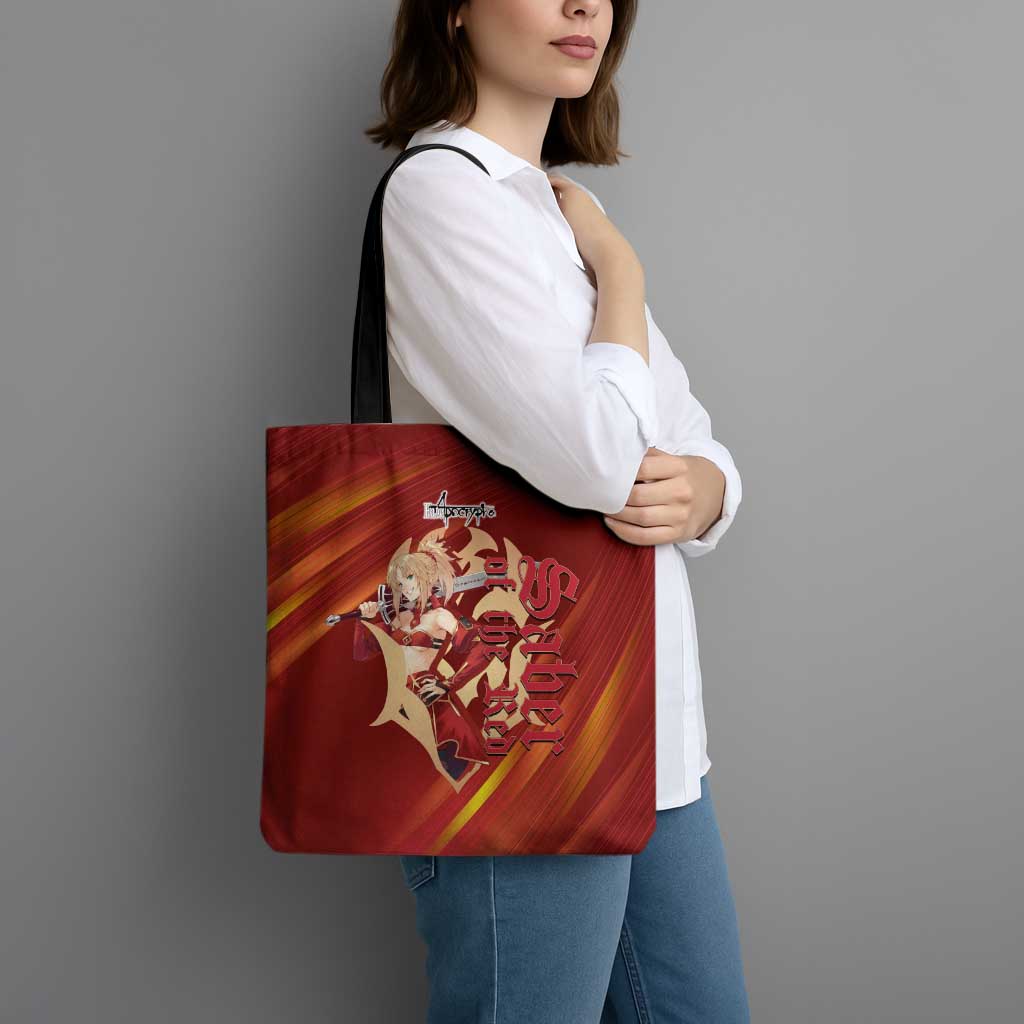 Saber of Red Fate Apocrypha Theme Tote Bag with Sword Pose and Fiery Red Gradient Graphic Design - The Mazicc