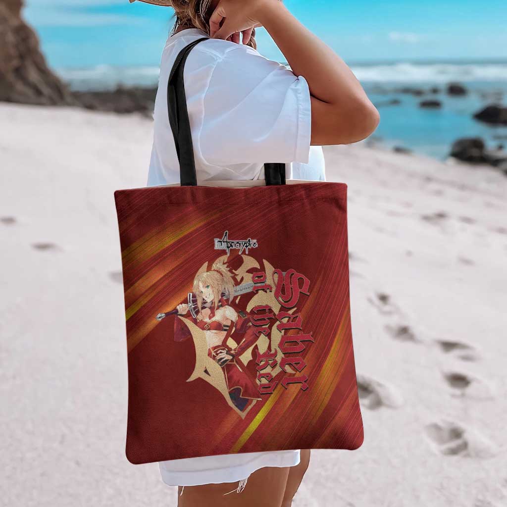 Saber of Red Fate Apocrypha Theme Tote Bag with Sword Pose and Fiery Red Gradient Graphic Design - The Mazicc