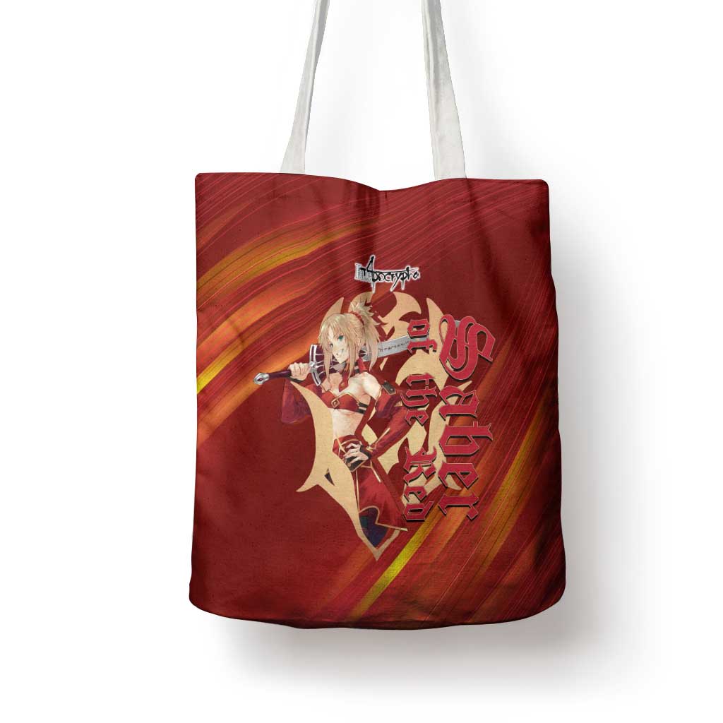 Saber of Red Fate Apocrypha Theme Tote Bag with Sword Pose and Fiery Red Gradient Graphic Design - The Mazicc