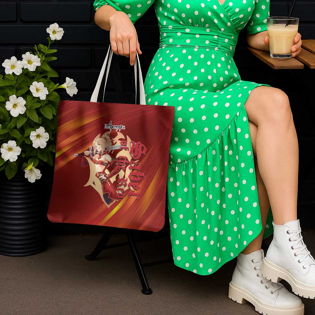 Saber of Red Fate Apocrypha Theme Tote Bag with Sword Pose and Fiery Red Gradient Graphic Design - The Mazicc