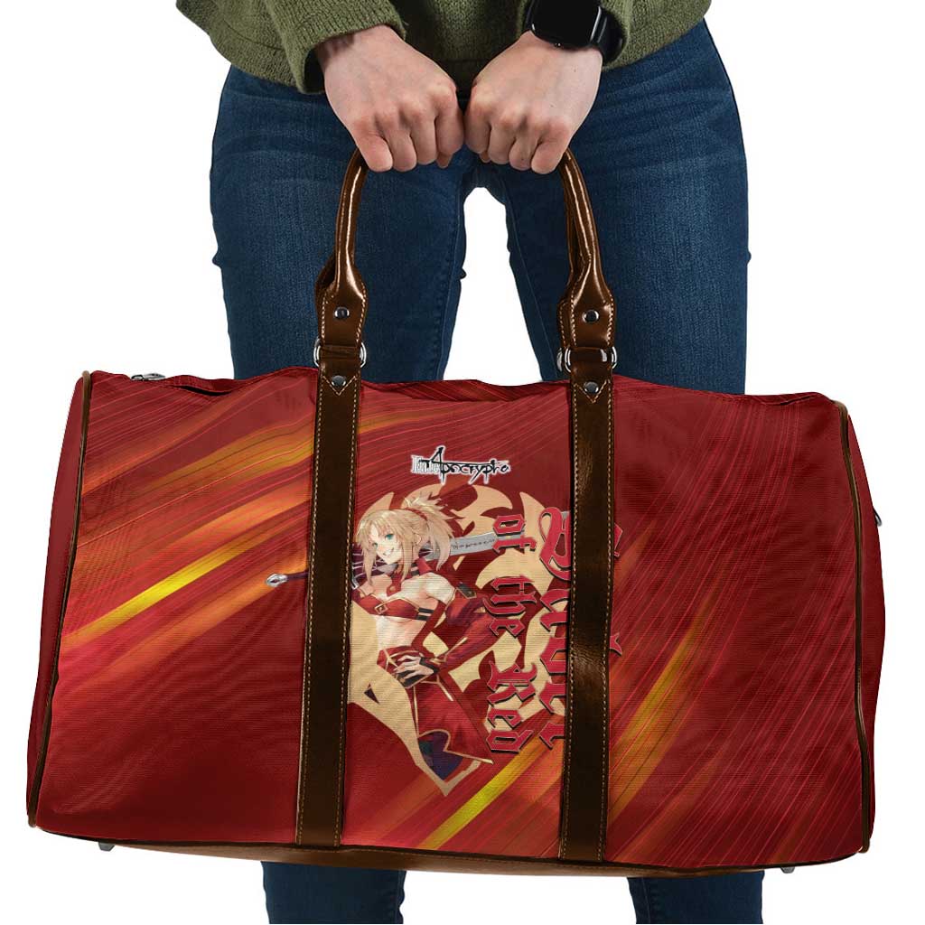 Saber of Red Fate Apocrypha Theme Travel Bag with Sword Pose and Fiery Red Gradient Graphic Design - The Mazicc