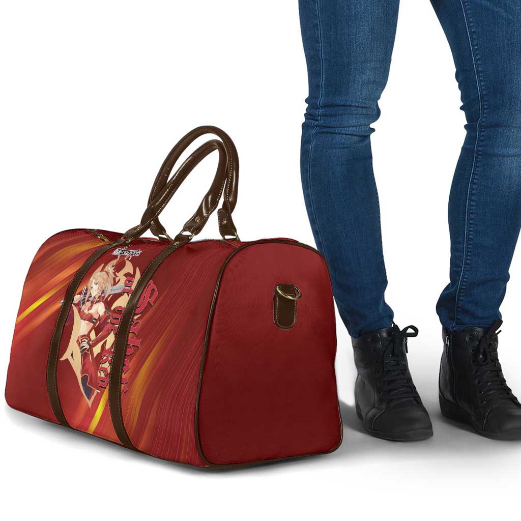 Saber of Red Fate Apocrypha Theme Travel Bag with Sword Pose and Fiery Red Gradient Graphic Design - The Mazicc