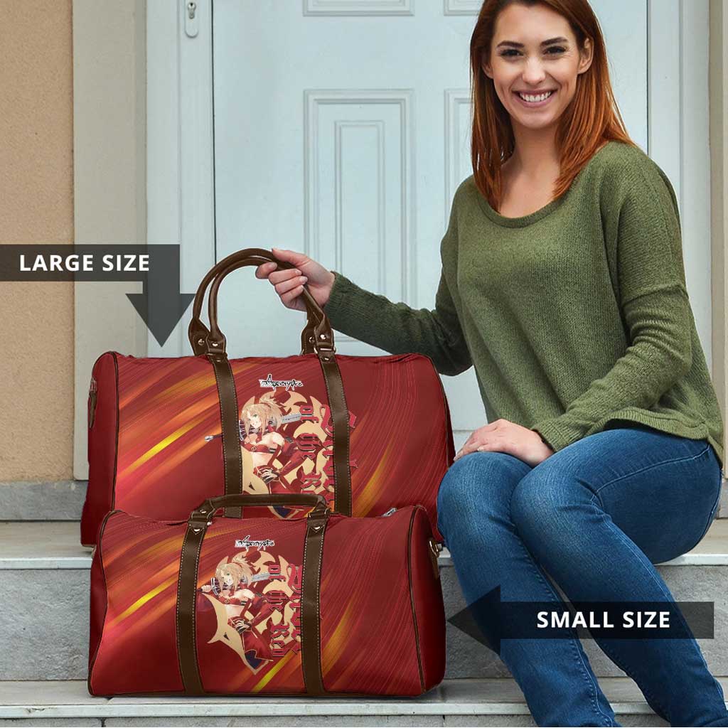 Saber of Red Fate Apocrypha Theme Travel Bag with Sword Pose and Fiery Red Gradient Graphic Design - The Mazicc