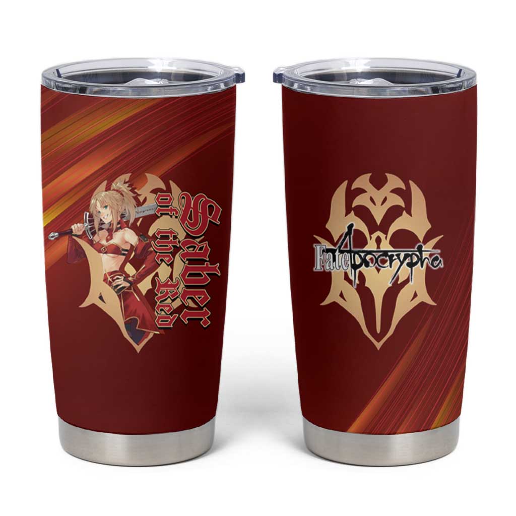 Saber of Red Fate Apocrypha Theme Tumbler Cup with Sword Pose and Fiery Red Gradient Graphic Design - The Mazicc