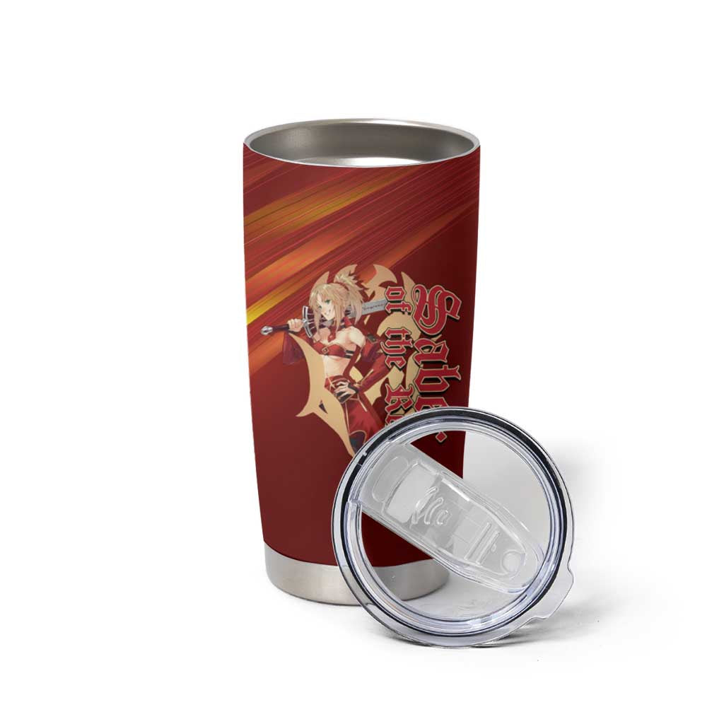 Saber of Red Fate Apocrypha Theme Tumbler Cup with Sword Pose and Fiery Red Gradient Graphic Design - The Mazicc