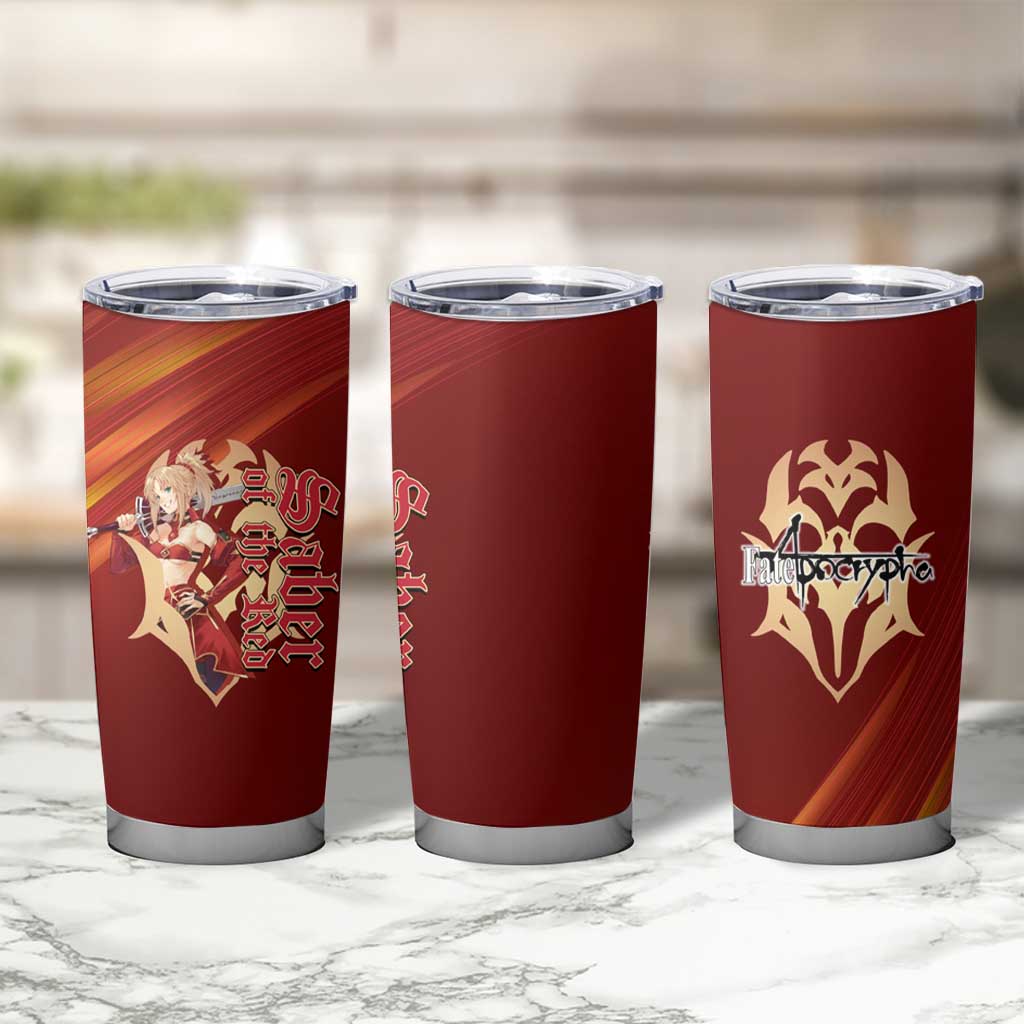Saber of Red Fate Apocrypha Theme Tumbler Cup with Sword Pose and Fiery Red Gradient Graphic Design - The Mazicc