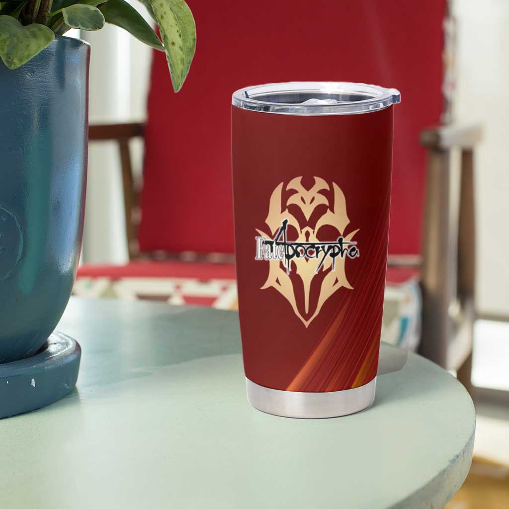 Saber of Red Fate Apocrypha Theme Tumbler Cup with Sword Pose and Fiery Red Gradient Graphic Design - The Mazicc