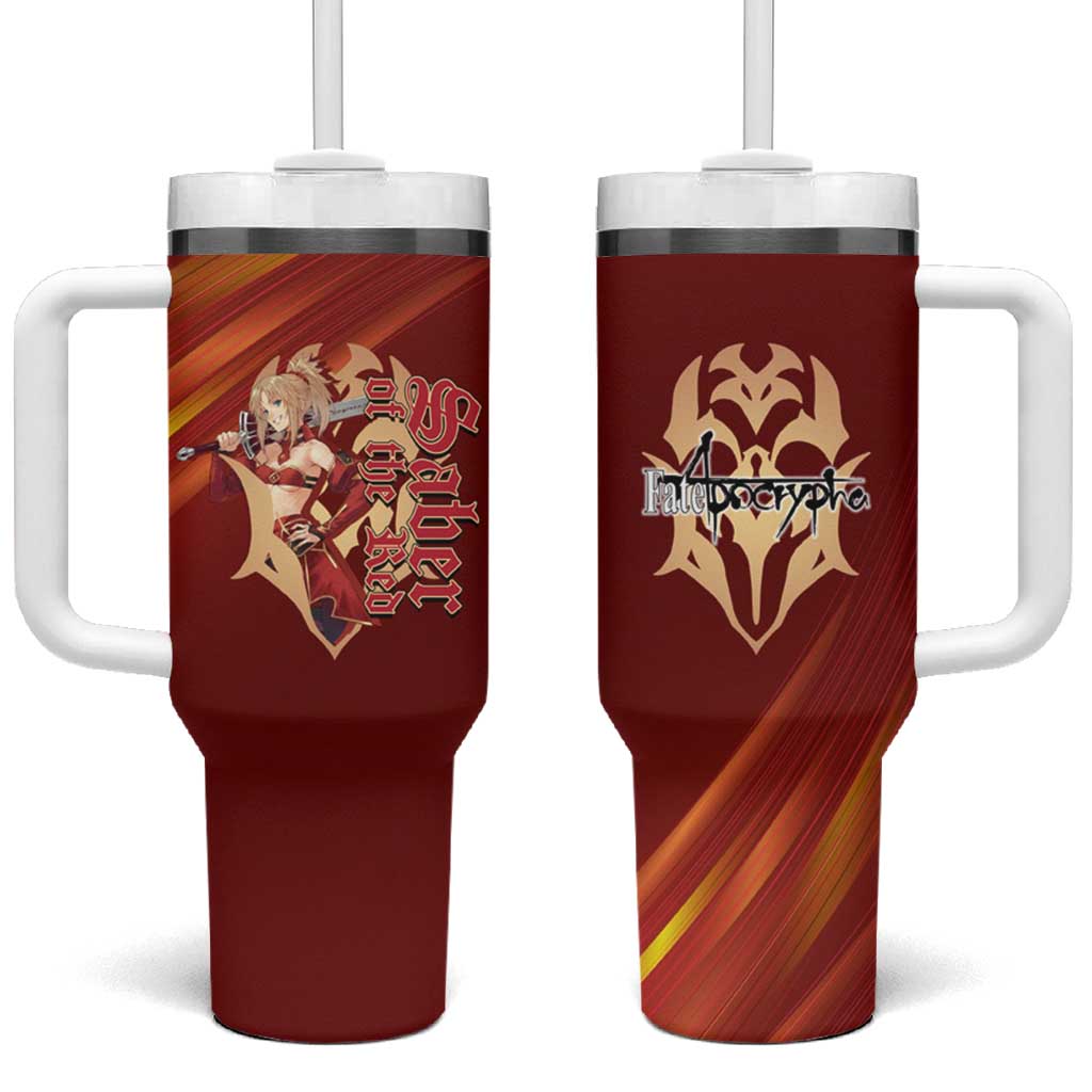 Saber of Red Fate Apocrypha Theme Tumbler With Handle with Sword Pose and Fiery Red Gradient Graphic Design - The Mazicc