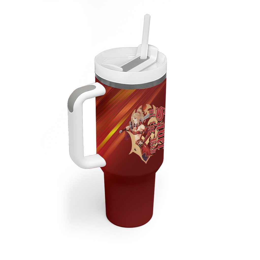 Saber of Red Fate Apocrypha Theme Tumbler With Handle with Sword Pose and Fiery Red Gradient Graphic Design - The Mazicc