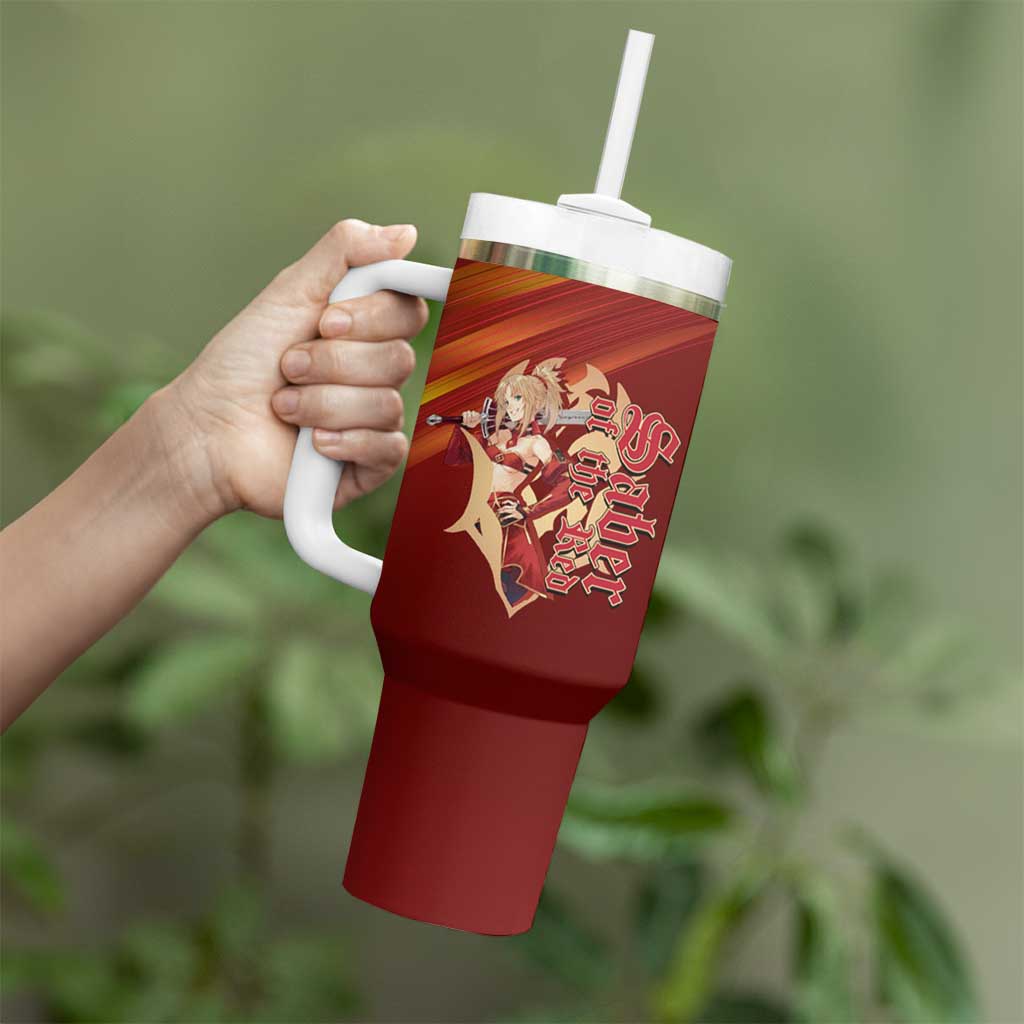 Saber of Red Fate Apocrypha Theme Tumbler With Handle with Sword Pose and Fiery Red Gradient Graphic Design - The Mazicc