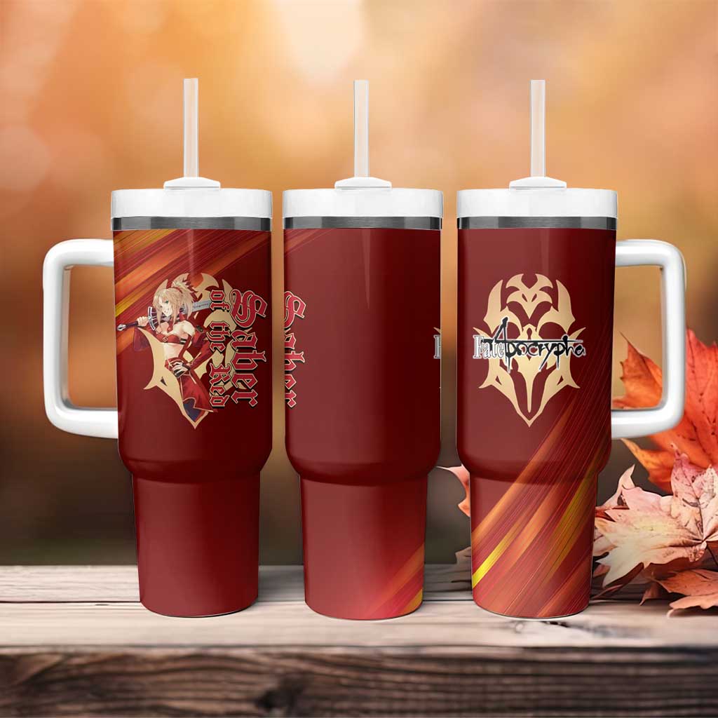 Saber of Red Fate Apocrypha Theme Tumbler With Handle with Sword Pose and Fiery Red Gradient Graphic Design - The Mazicc