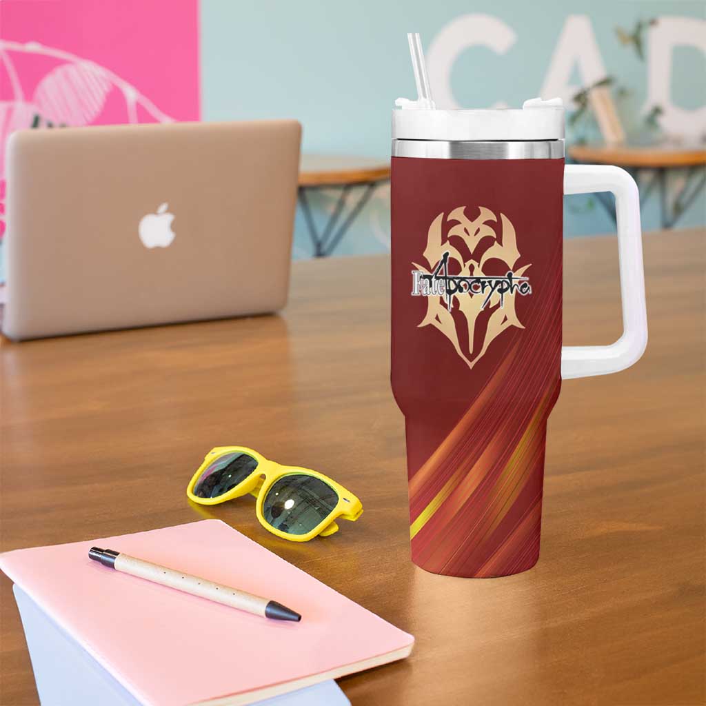 Saber of Red Fate Apocrypha Theme Tumbler With Handle with Sword Pose and Fiery Red Gradient Graphic Design - The Mazicc