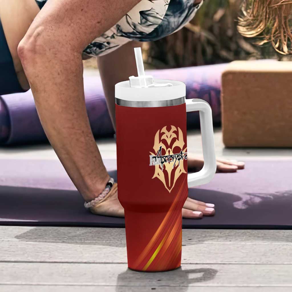 Saber of Red Fate Apocrypha Theme Tumbler With Handle with Sword Pose and Fiery Red Gradient Graphic Design - The Mazicc