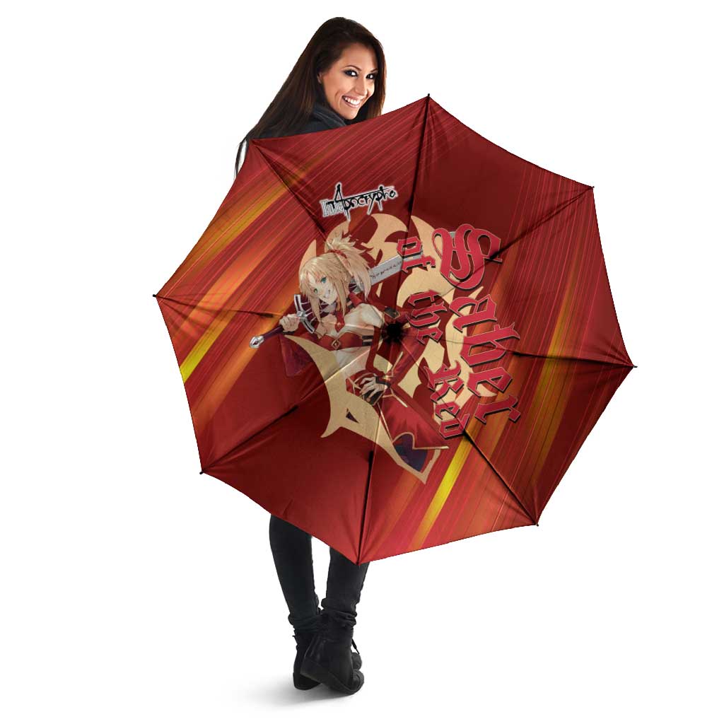 Saber of Red Fate Apocrypha Theme Umbrella with Sword Pose and Fiery Red Gradient Graphic Design - The Mazicc