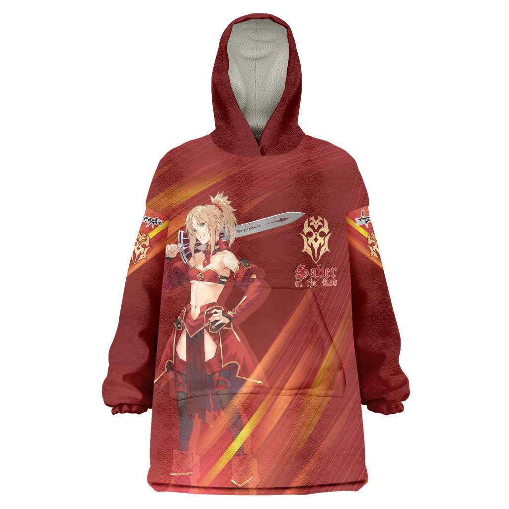 Saber of Red Fate Apocrypha Theme Wearable Blanket Hoodie with Sword Pose and Fiery Red Gradient Graphic Design - The Mazicc