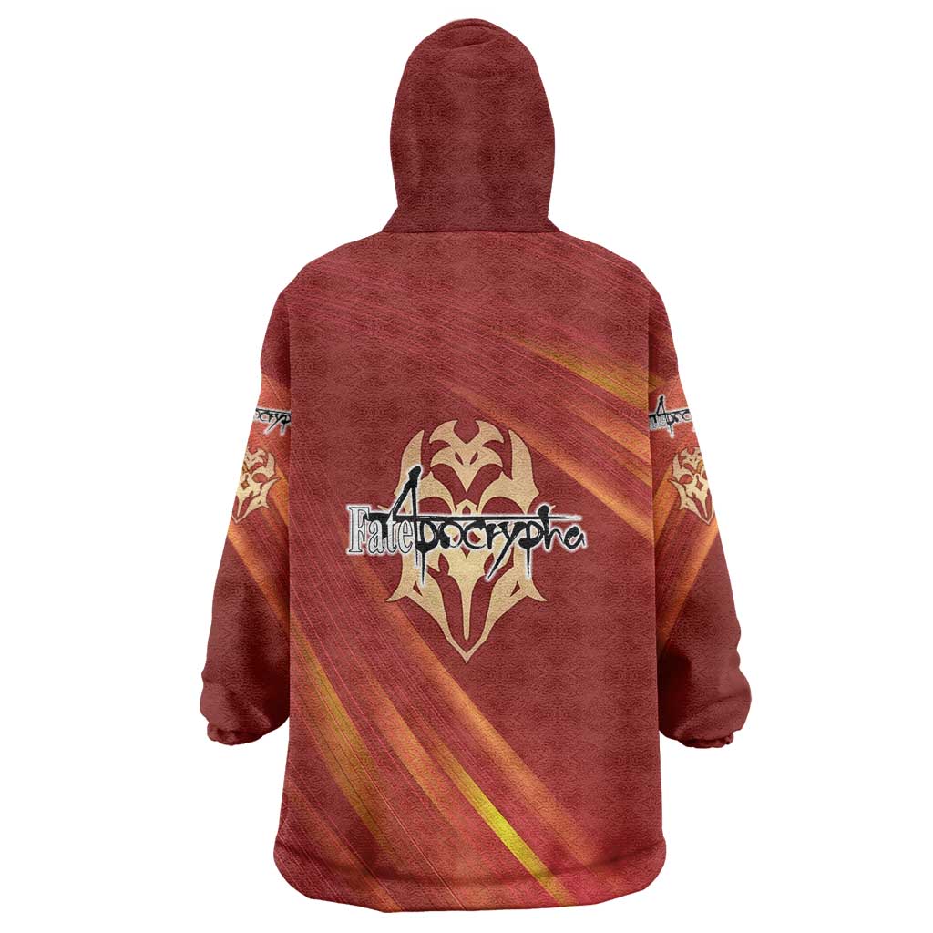 Saber of Red Fate Apocrypha Theme Wearable Blanket Hoodie with Sword Pose and Fiery Red Gradient Graphic Design - The Mazicc
