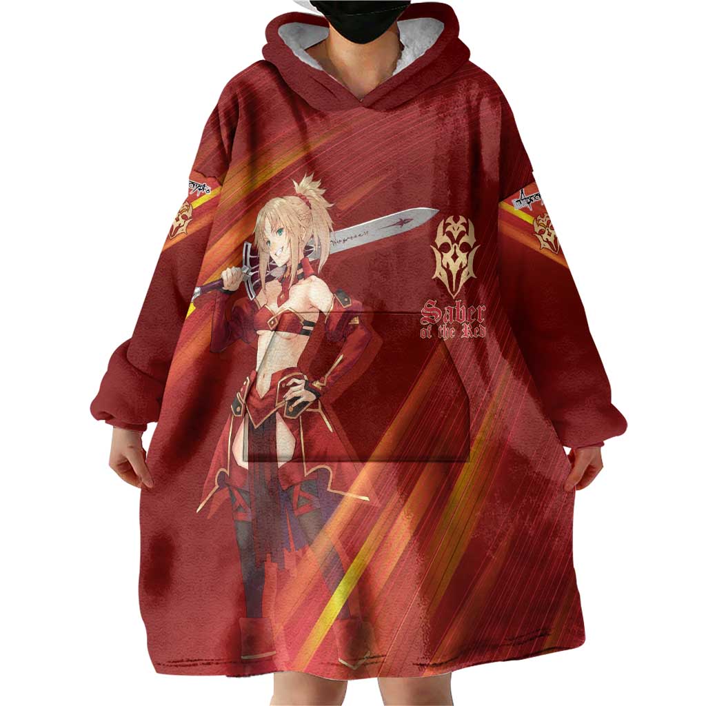 Saber of Red Fate Apocrypha Theme Wearable Blanket Hoodie with Sword Pose and Fiery Red Gradient Graphic Design - The Mazicc