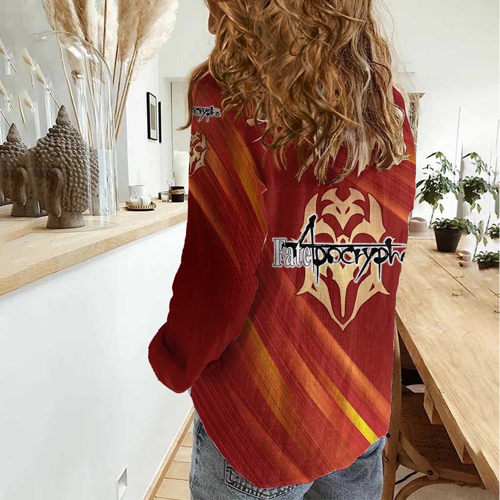 Saber of Red Fate Apocrypha Theme Women Casual Shirt with Sword Pose and Fiery Red Gradient Graphic Design - The Mazicc