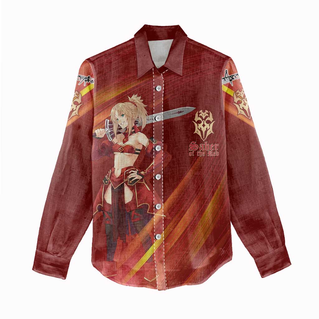 Saber of Red Fate Apocrypha Theme Women Casual Shirt with Sword Pose and Fiery Red Gradient Graphic Design - The Mazicc
