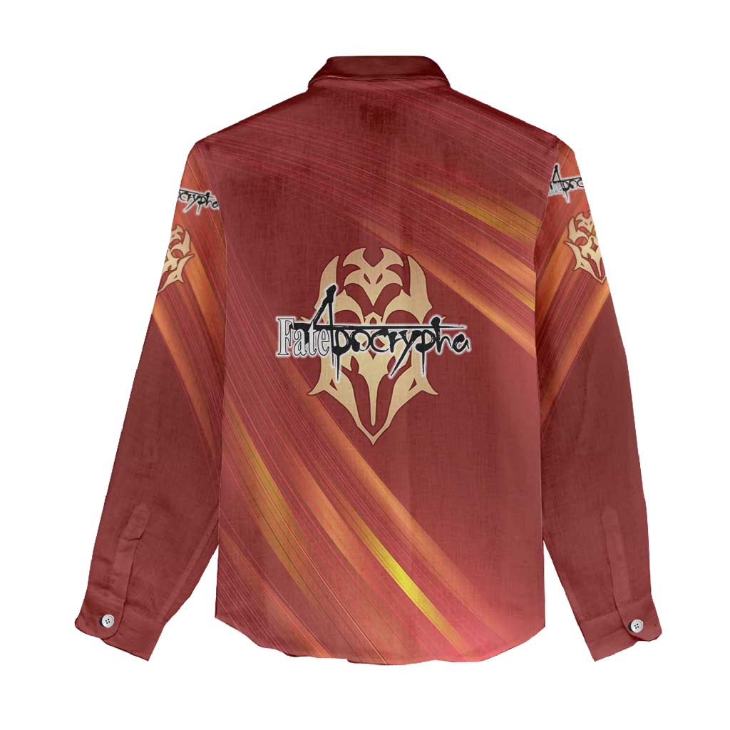 Saber of Red Fate Apocrypha Theme Women Casual Shirt with Sword Pose and Fiery Red Gradient Graphic Design - The Mazicc