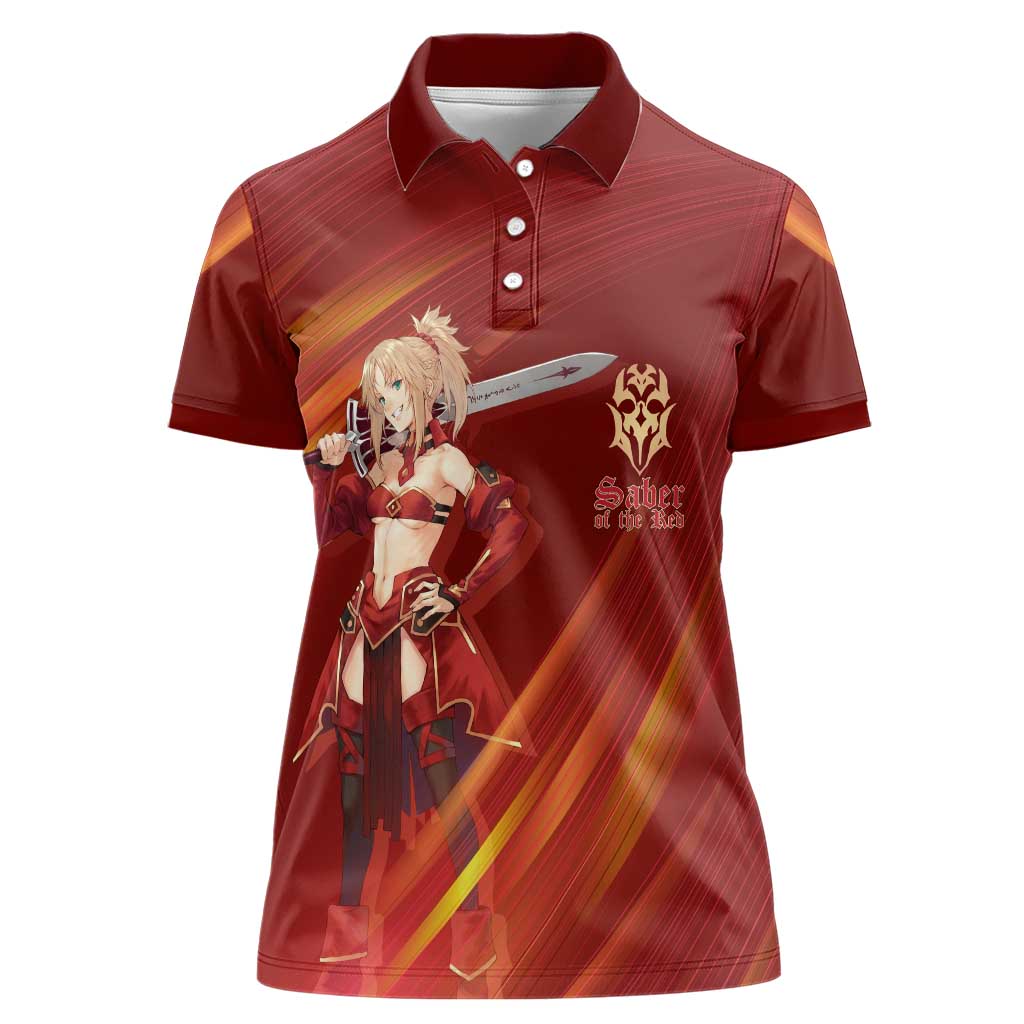 Saber of Red Fate Apocrypha Theme Women Polo Shirt with Sword Pose and Fiery Red Gradient Graphic Design - The Mazicc