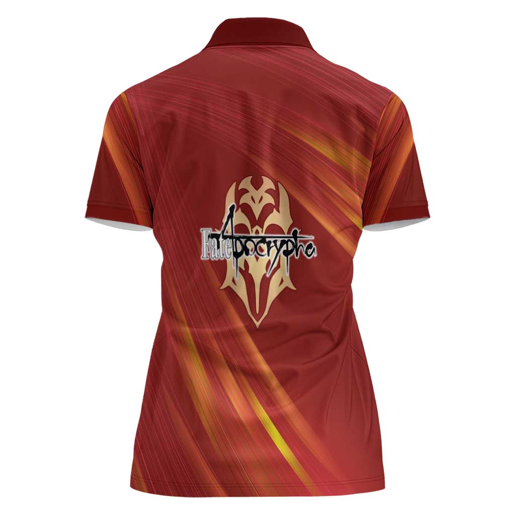 Saber of Red Fate Apocrypha Theme Women Polo Shirt with Sword Pose and Fiery Red Gradient Graphic Design - The Mazicc