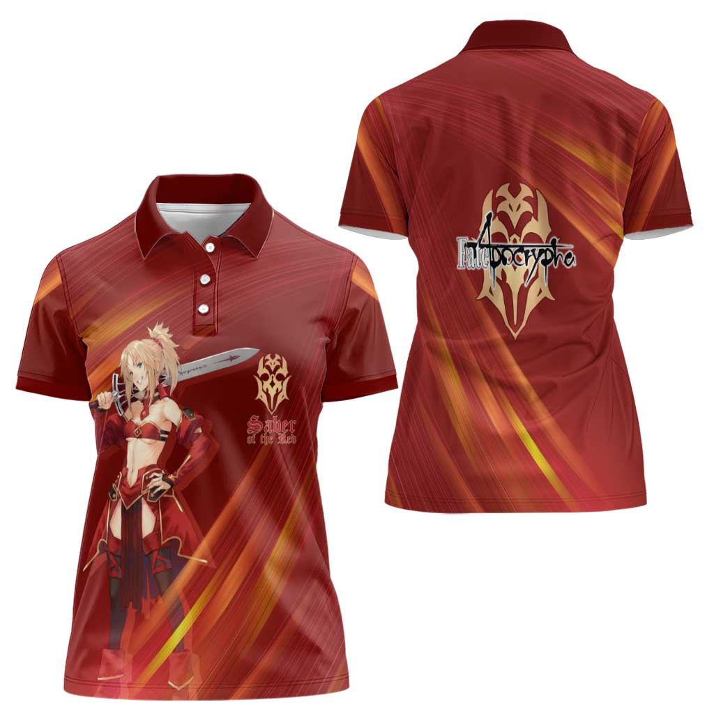 Saber of Red Fate Apocrypha Theme Women Polo Shirt with Sword Pose and Fiery Red Gradient Graphic Design - The Mazicc