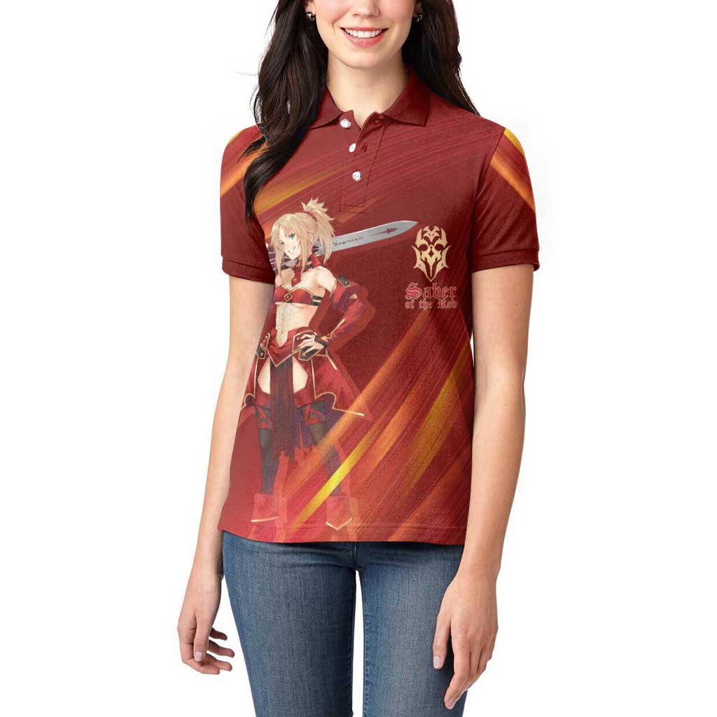 Saber of Red Fate Apocrypha Theme Women Polo Shirt with Sword Pose and Fiery Red Gradient Graphic Design - The Mazicc
