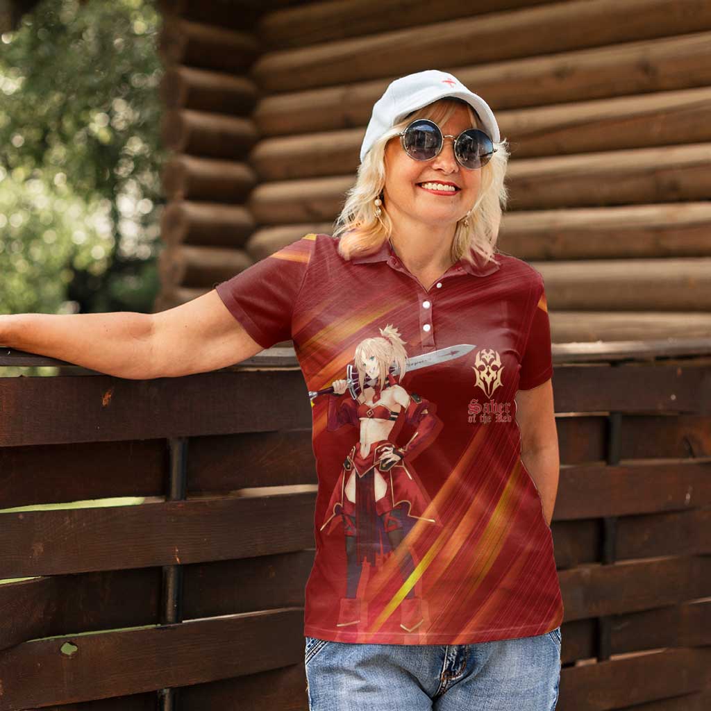 Saber of Red Fate Apocrypha Theme Women Polo Shirt with Sword Pose and Fiery Red Gradient Graphic Design - The Mazicc
