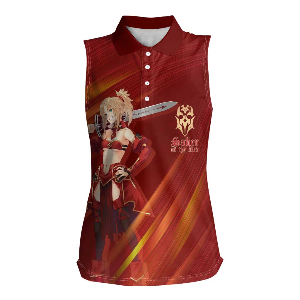 Saber of Red Fate Apocrypha Theme Women Sleeveless Polo Shirt with Sword Pose and Fiery Red Gradient Graphic Design - The Mazicc