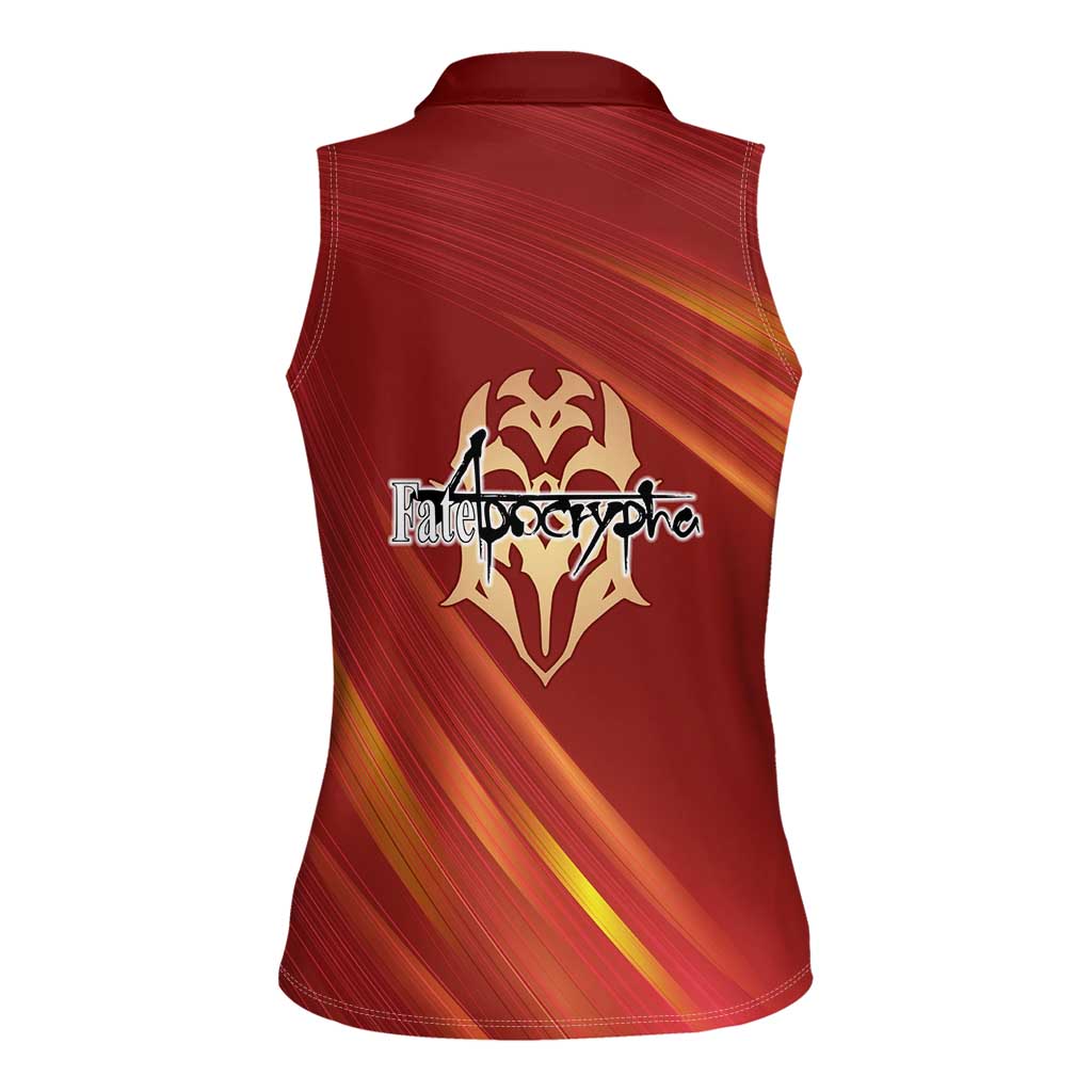 Saber of Red Fate Apocrypha Theme Women Sleeveless Polo Shirt with Sword Pose and Fiery Red Gradient Graphic Design - The Mazicc