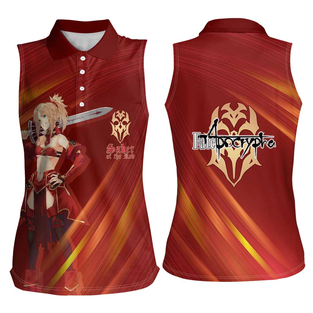 Saber of Red Fate Apocrypha Theme Women Sleeveless Polo Shirt with Sword Pose and Fiery Red Gradient Graphic Design - The Mazicc