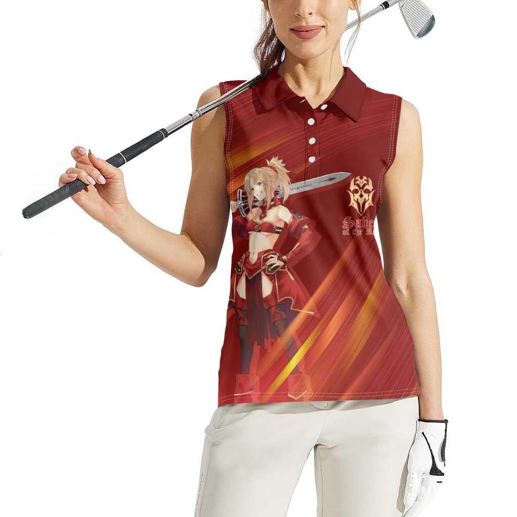 Saber of Red Fate Apocrypha Theme Women Sleeveless Polo Shirt with Sword Pose and Fiery Red Gradient Graphic Design - The Mazicc