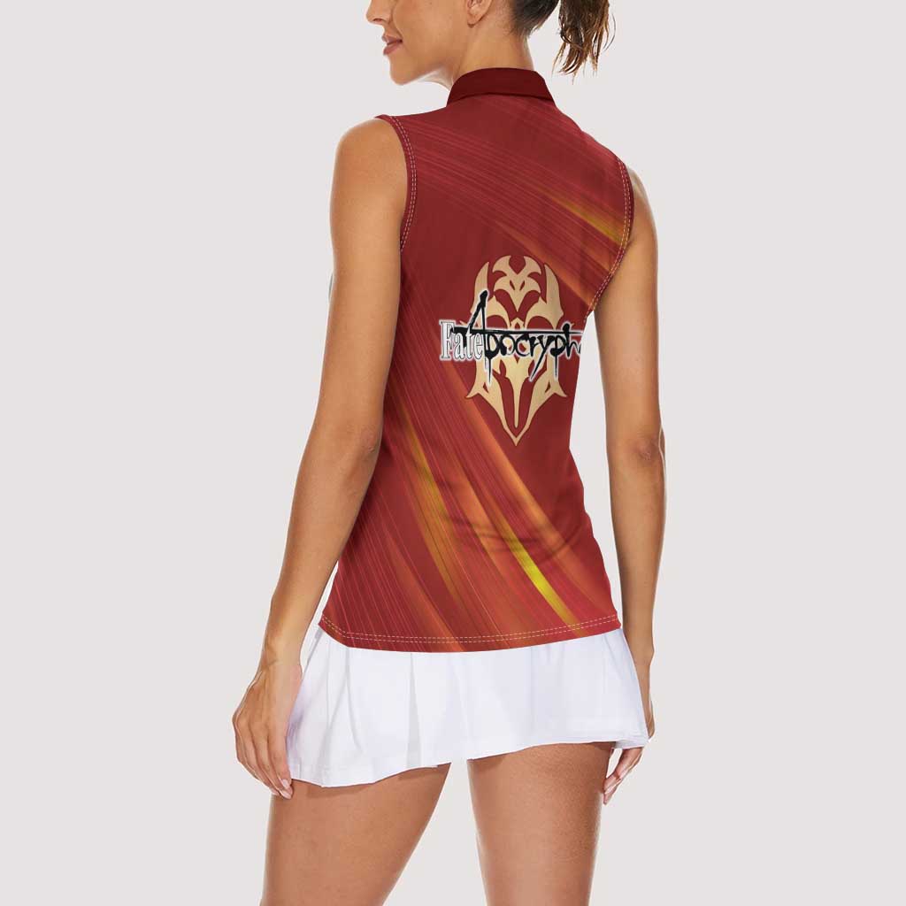 Saber of Red Fate Apocrypha Theme Women Sleeveless Polo Shirt with Sword Pose and Fiery Red Gradient Graphic Design - The Mazicc