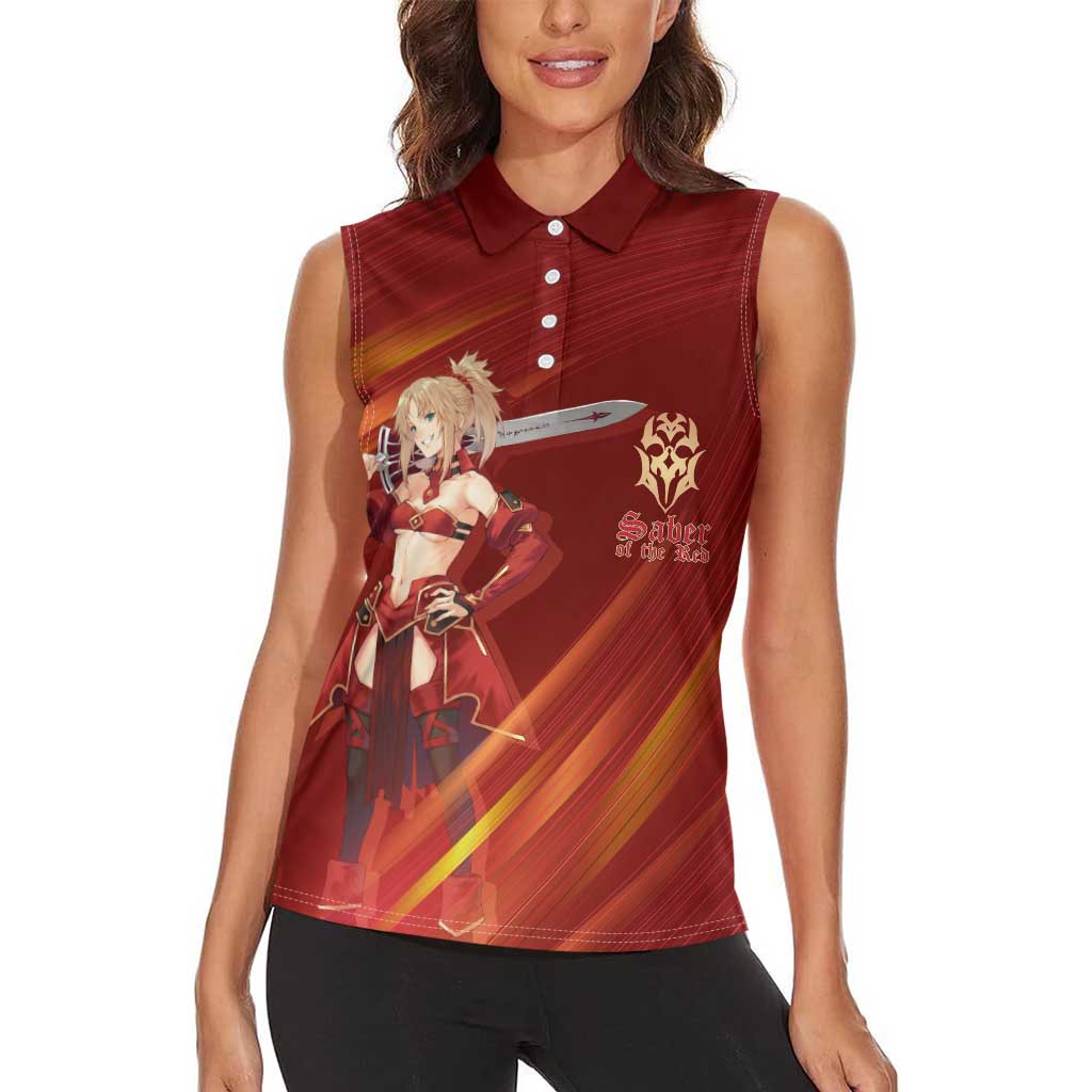 Saber of Red Fate Apocrypha Theme Women Sleeveless Polo Shirt with Sword Pose and Fiery Red Gradient Graphic Design - The Mazicc