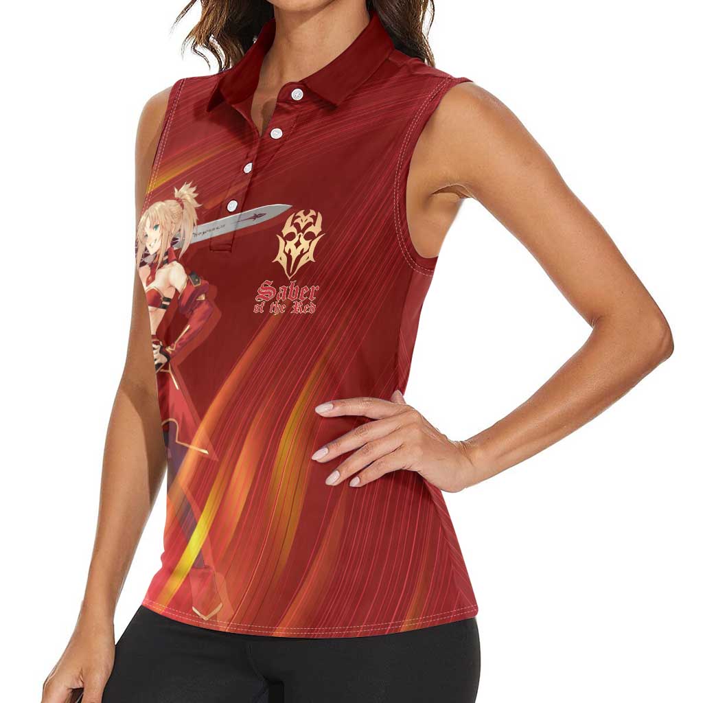 Saber of Red Fate Apocrypha Theme Women Sleeveless Polo Shirt with Sword Pose and Fiery Red Gradient Graphic Design - The Mazicc