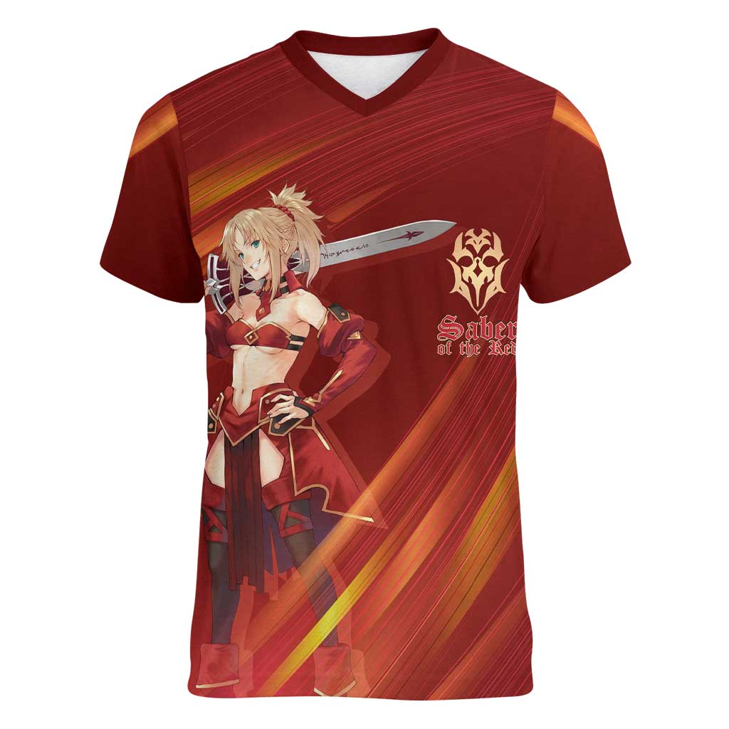 Saber of Red Fate Apocrypha Theme Women V-Neck T-Shirt with Sword Pose and Fiery Red Gradient Graphic Design - The Mazicc