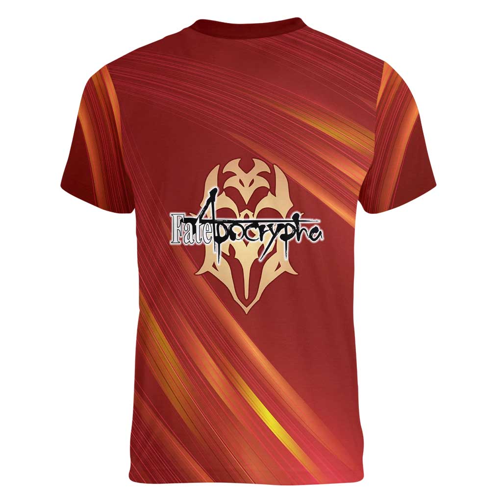 Saber of Red Fate Apocrypha Theme Women V-Neck T-Shirt with Sword Pose and Fiery Red Gradient Graphic Design - The Mazicc