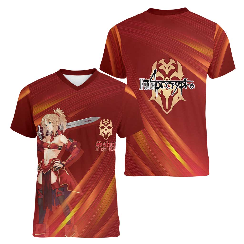 Saber of Red Fate Apocrypha Theme Women V-Neck T-Shirt with Sword Pose and Fiery Red Gradient Graphic Design - The Mazicc