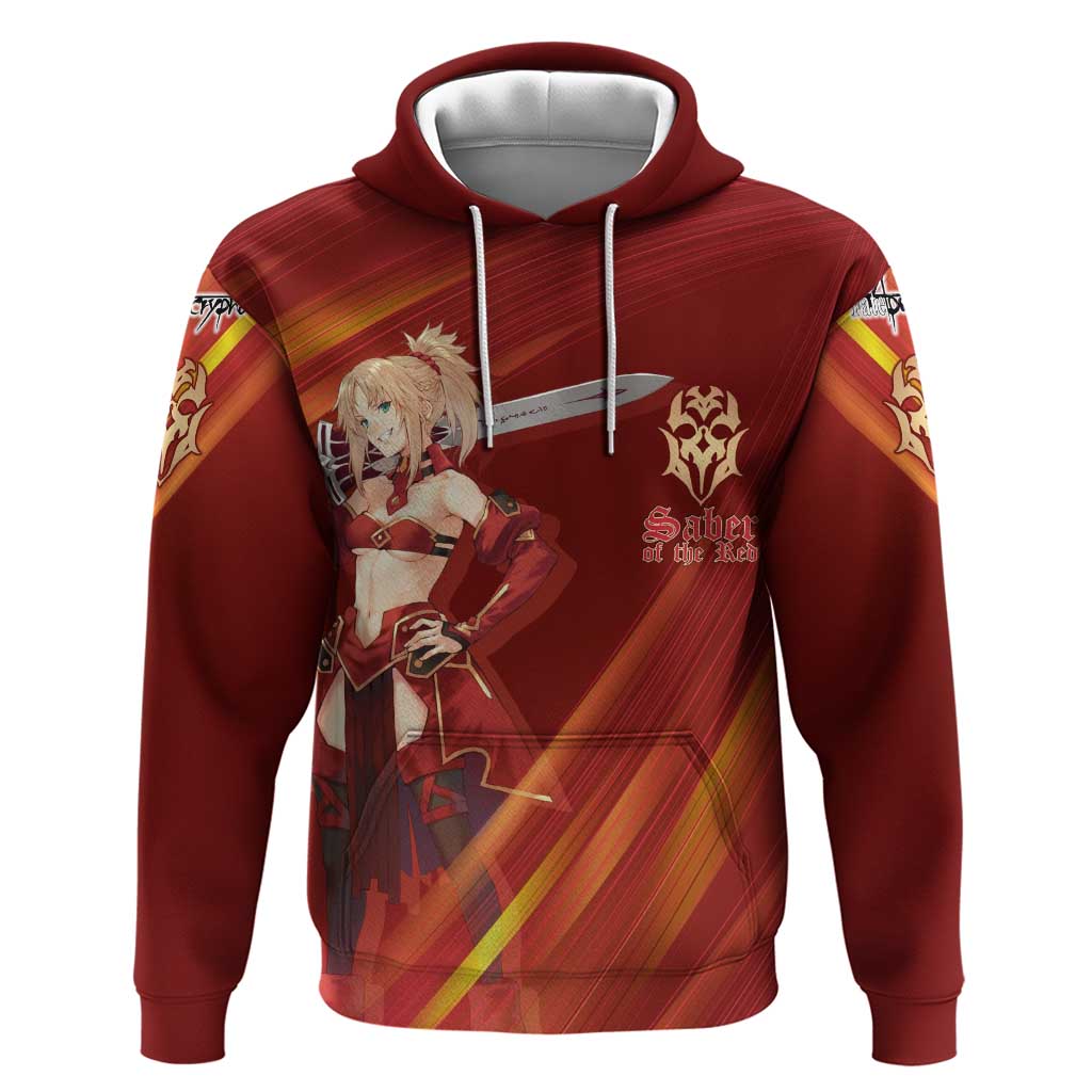 Saber of Red Fate Apocrypha Theme Zip Hoodie with Sword Pose and Fiery Red Gradient Graphic Design - The Mazicc