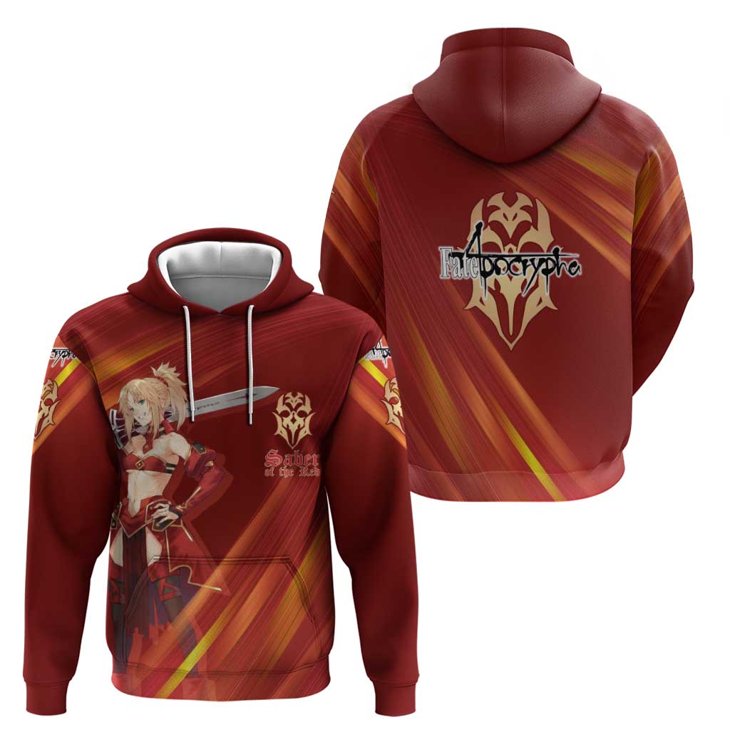 Saber of Red Fate Apocrypha Theme Zip Hoodie with Sword Pose and Fiery Red Gradient Graphic Design - The Mazicc