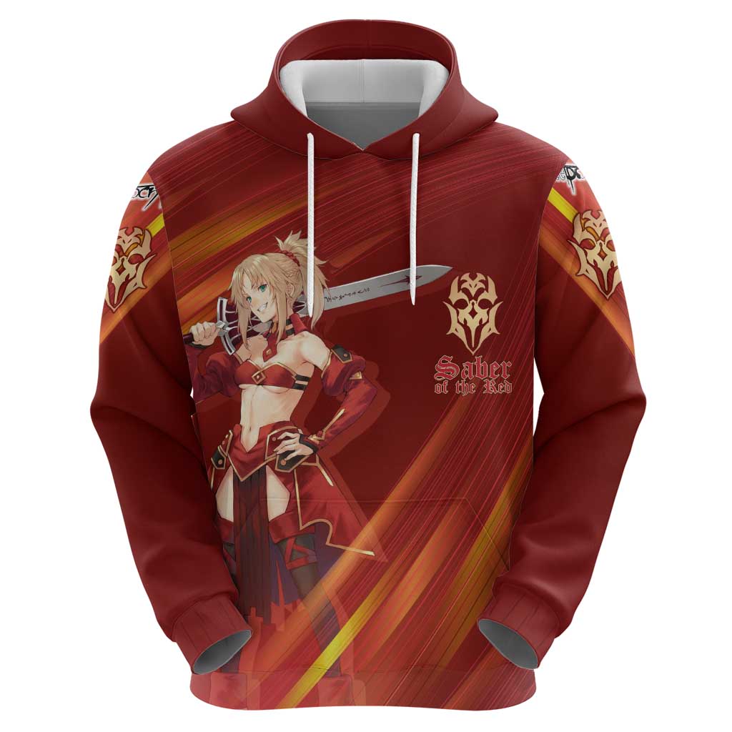 Saber of Red Fate Apocrypha Theme Zip Hoodie with Sword Pose and Fiery Red Gradient Graphic Design - The Mazicc