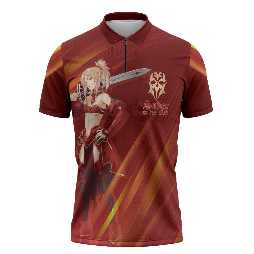 Saber of Red Fate Apocrypha Theme Zipper Polo Shirt with Sword Pose and Fiery Red Gradient Graphic Design - The Mazicc