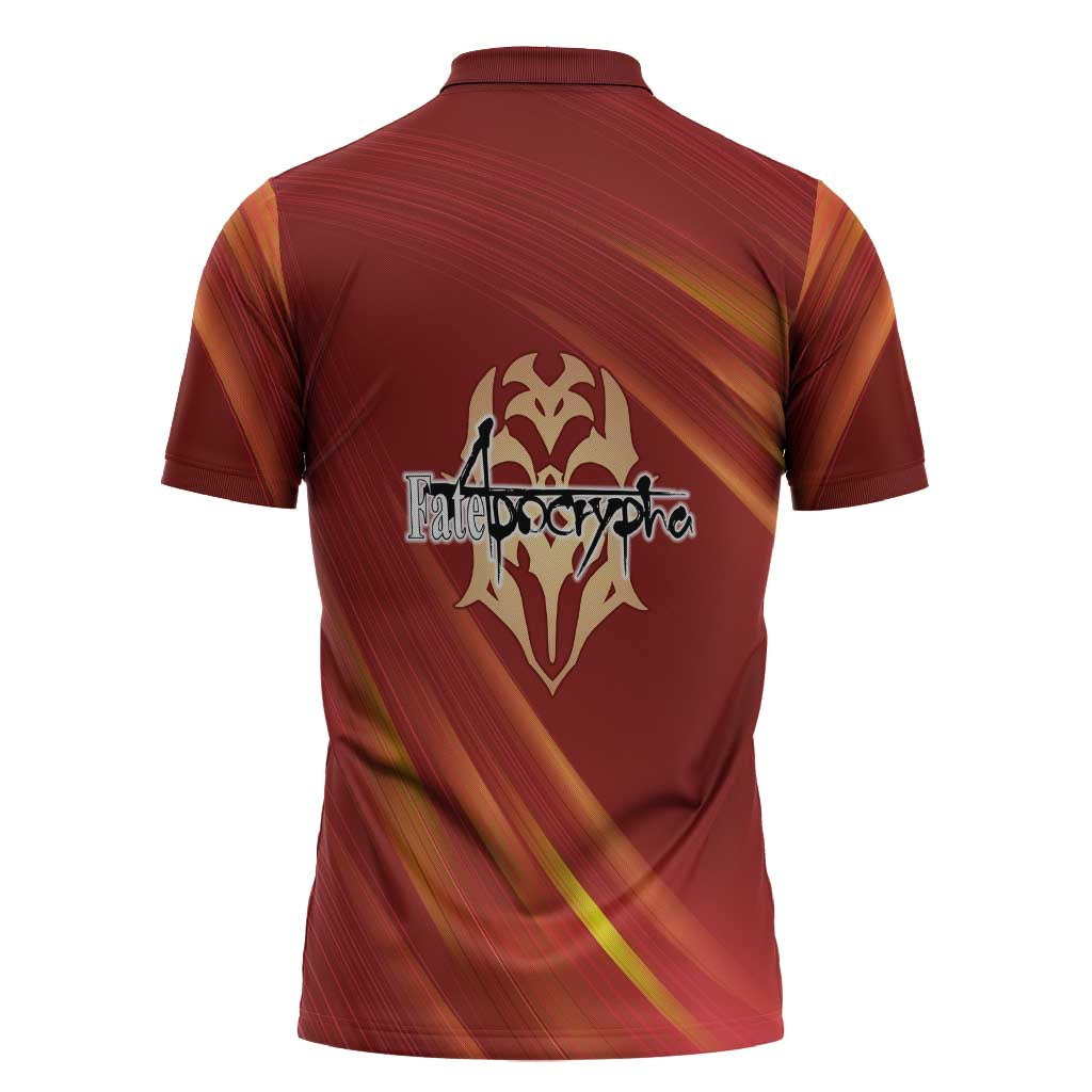 Saber of Red Fate Apocrypha Theme Zipper Polo Shirt with Sword Pose and Fiery Red Gradient Graphic Design - The Mazicc