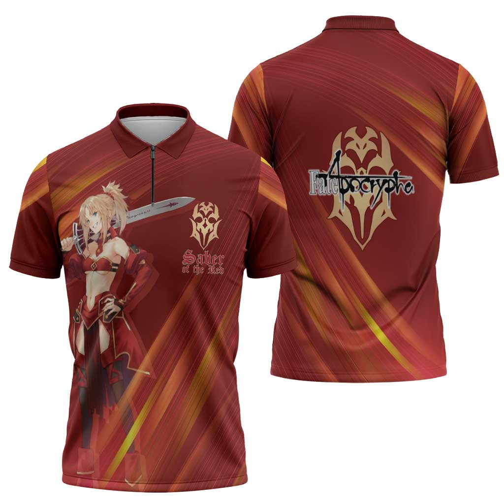 Saber of Red Fate Apocrypha Theme Zipper Polo Shirt with Sword Pose and Fiery Red Gradient Graphic Design - The Mazicc