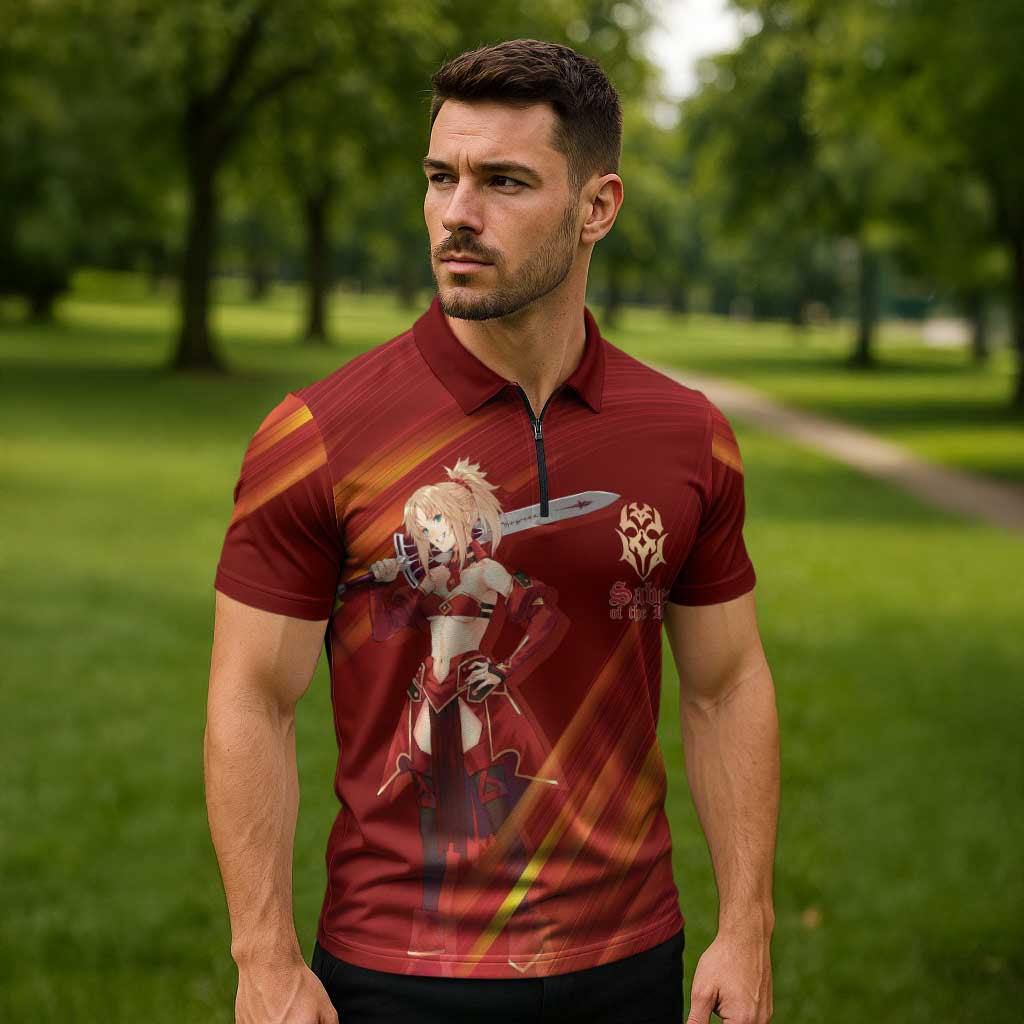 Saber of Red Fate Apocrypha Theme Zipper Polo Shirt with Sword Pose and Fiery Red Gradient Graphic Design - The Mazicc