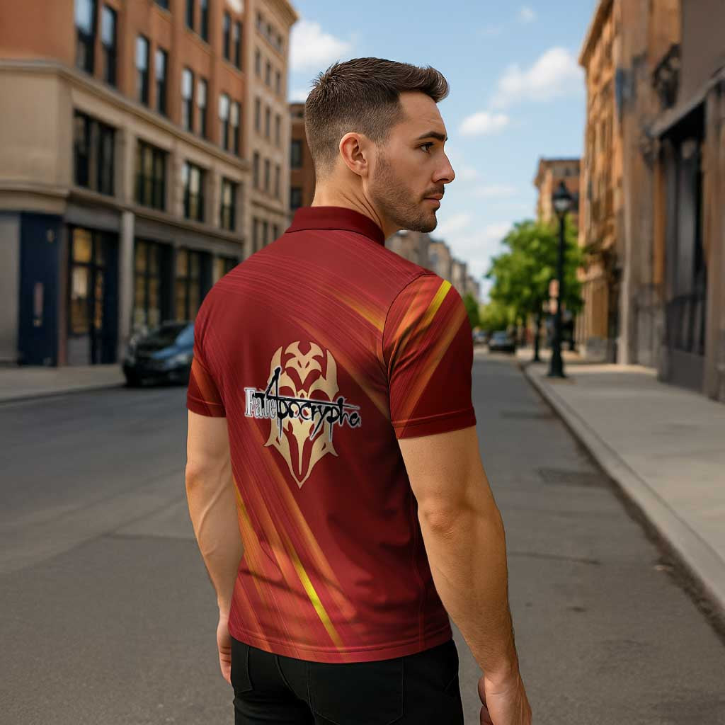 Saber of Red Fate Apocrypha Theme Zipper Polo Shirt with Sword Pose and Fiery Red Gradient Graphic Design - The Mazicc