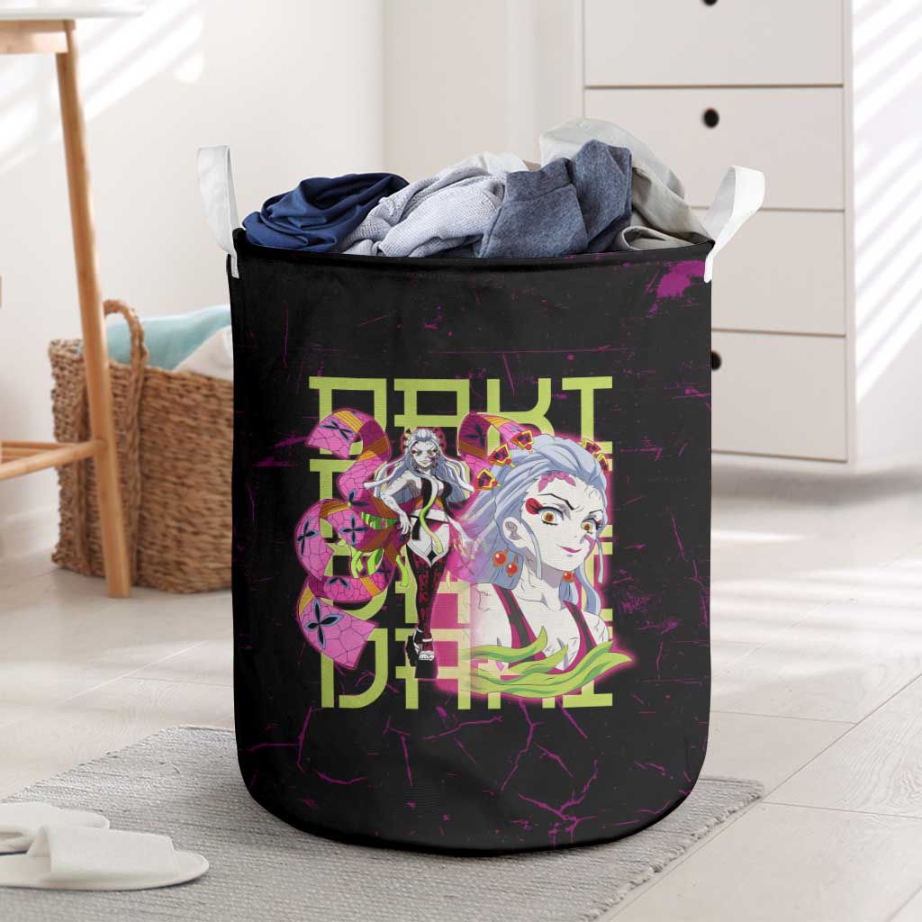 Daki Demon Slayer Theme Laundry Basket with Obi Sash Design and Neon Pink Green Graphic Elements - The Mazicc