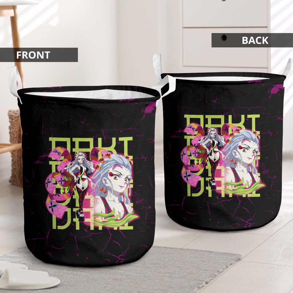 Daki Demon Slayer Theme Laundry Basket with Obi Sash Design and Neon Pink Green Graphic Elements - The Mazicc