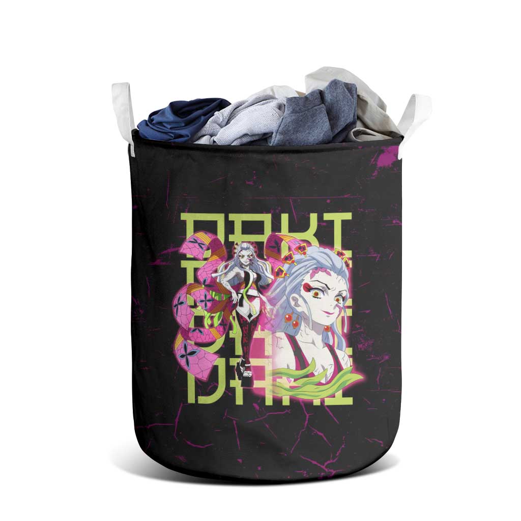 Daki Demon Slayer Theme Laundry Basket with Obi Sash Design and Neon Pink Green Graphic Elements - The Mazicc